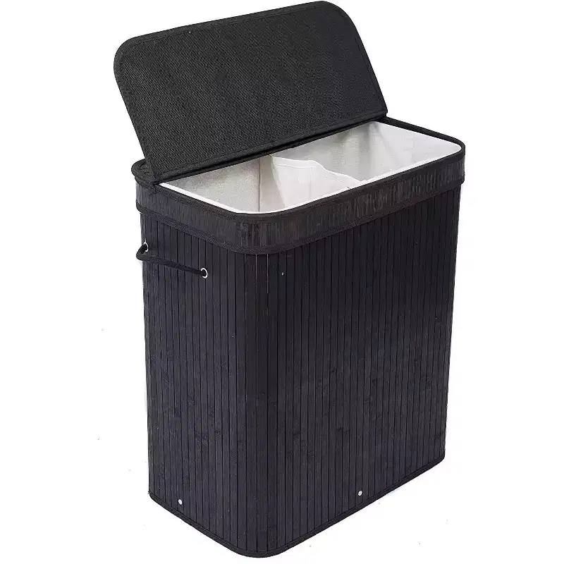 Bamboo Double Laundry Hamper with Lid and Cloth Liner - Black