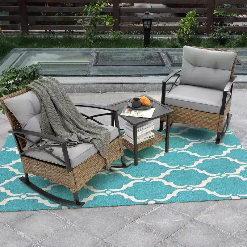 Zeus & Ruta 3-Piece Outdoor Rattan Rocking Chair Set, Patio Leisure Chairs with Cushions, Gray