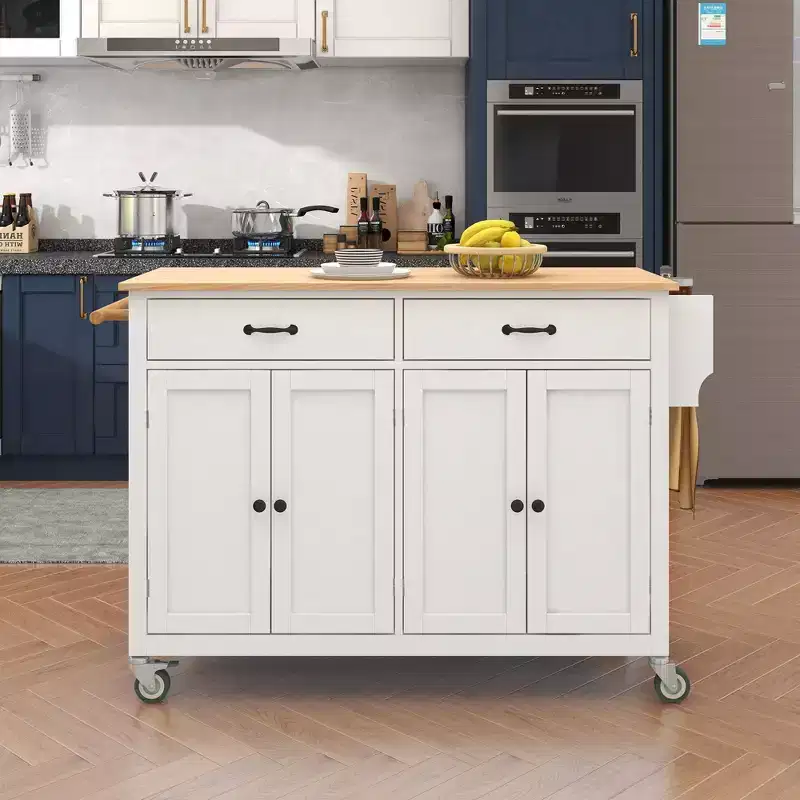 Whisen Modern Wood Kitchen Island with Spice Rack and Drawers