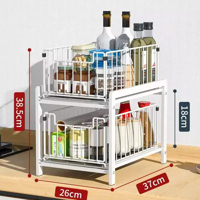 Cabinet Organizer, Pull-Out Drawer - 2-Tier Sliding Stackable Storage Shelf for Kitchen, Bathroom, White