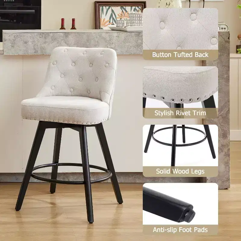 Wooden Dining Chairs Set of 4, Modern Swivel Bar Stools with Back and Wood Legs, Upholstered Barstools Bar Chair for Kitchen Island Home Bar
