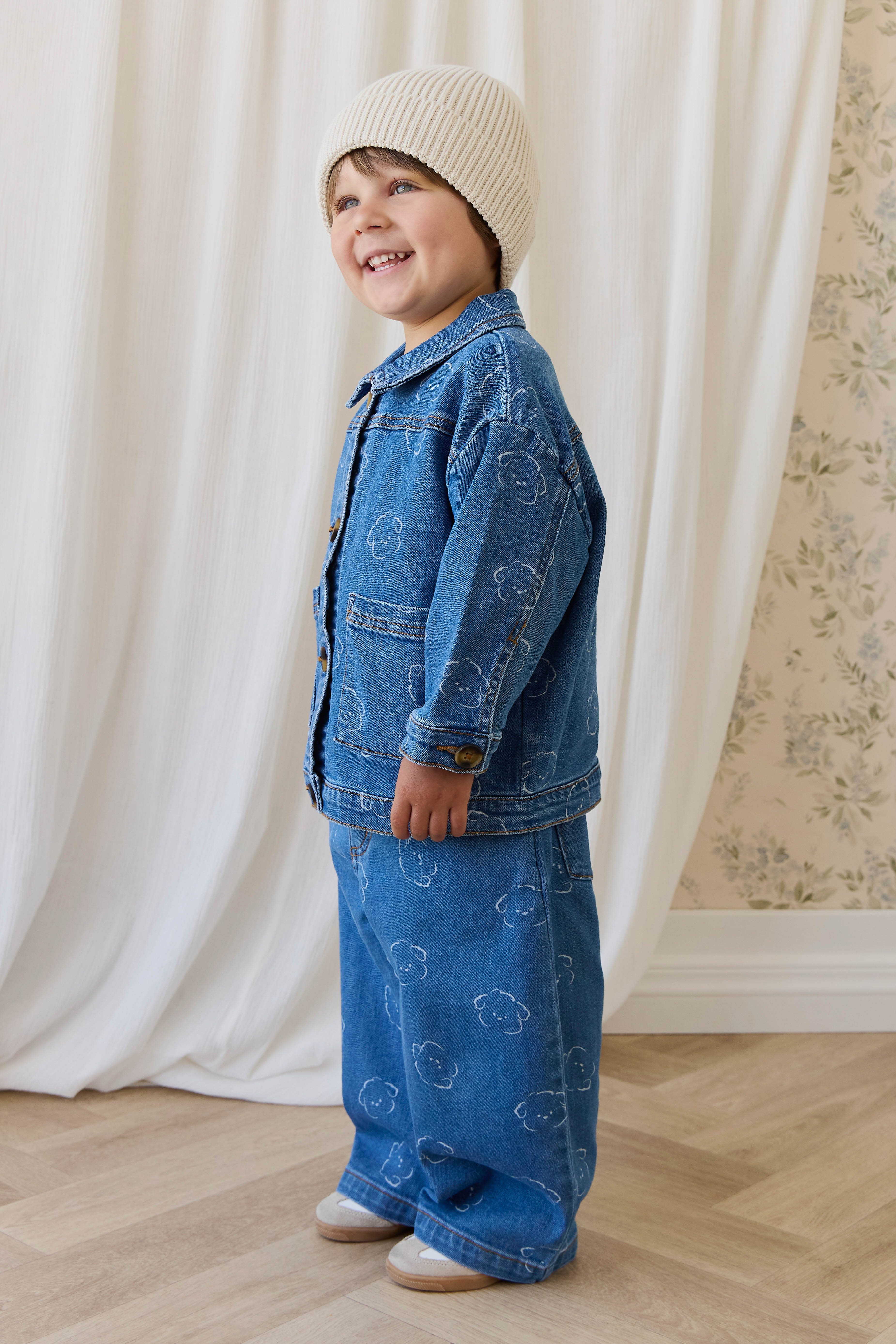 Playful Mid Blue Denim Bear-Embroidery Cotton Pant with Elastic Waistband & Pockets for Kids 6M–8Y