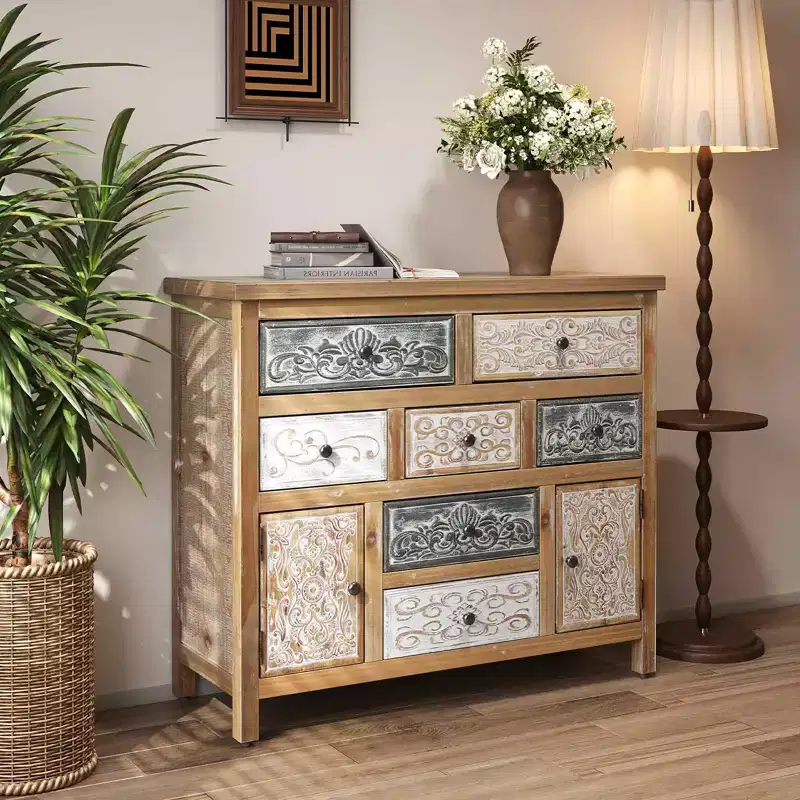 MAYEERTY Vintage Wooden Accent Chest with 7 Drawers 2 Cabinets Rustic Multicolor Carved Storage Dresser for Living Room
