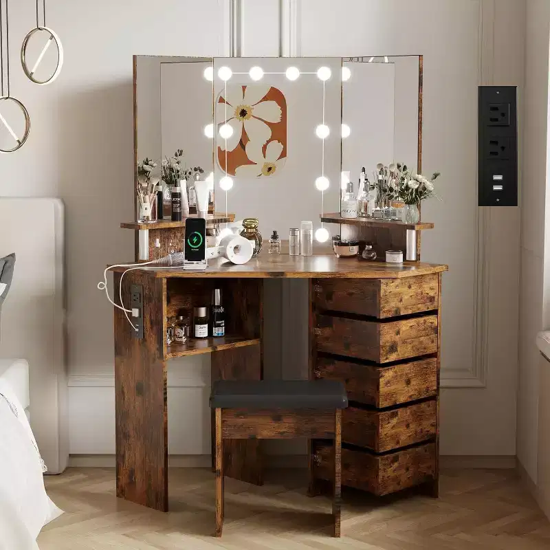 Corner Vanity Desk with Lighted Mirror, Power Strip, 5 Rotating Drawers, Adjustable 3-Color LED, Shelves & Stool, Space-Saving Makeup Table