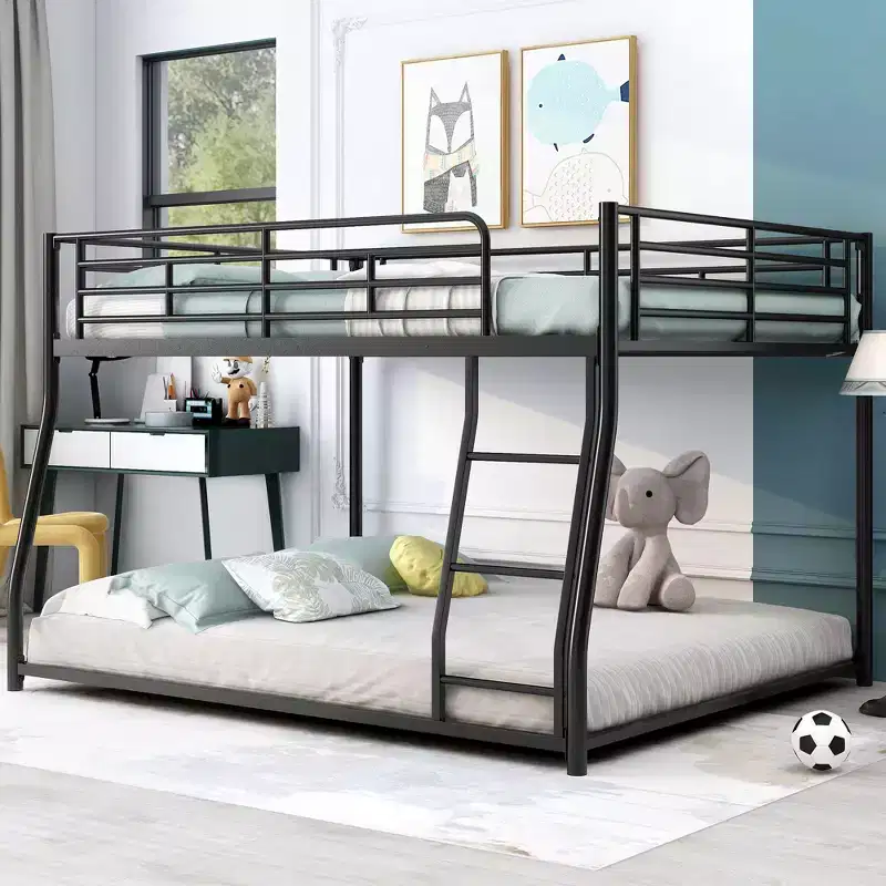 Twin XL over Queen/Full XL over Queen Size Bunk Bed, Metal Floor Bunk Bed, Black