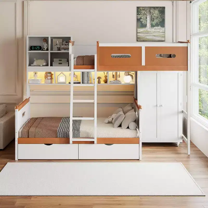 Merax Multi-Functional Twin Over Full Bunk Bed with Built-In Wardrobe, Storage Shelves, 2 Drawers & LED Lighting
