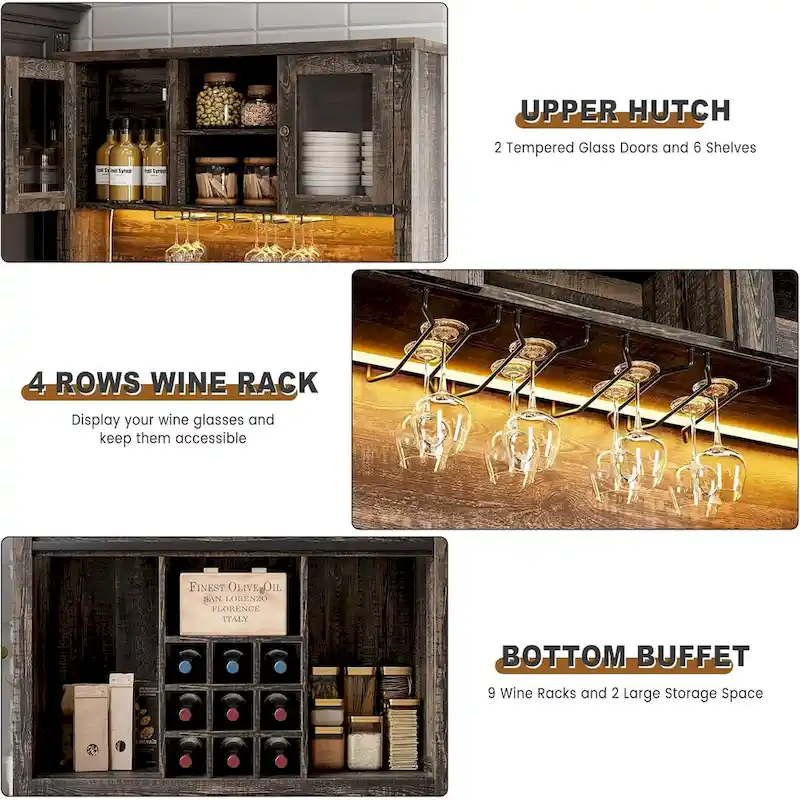 Modern Farmhouse Coffee Bar Cabinet with LED Lights & Power Outlets, Kitchen Cabinet
