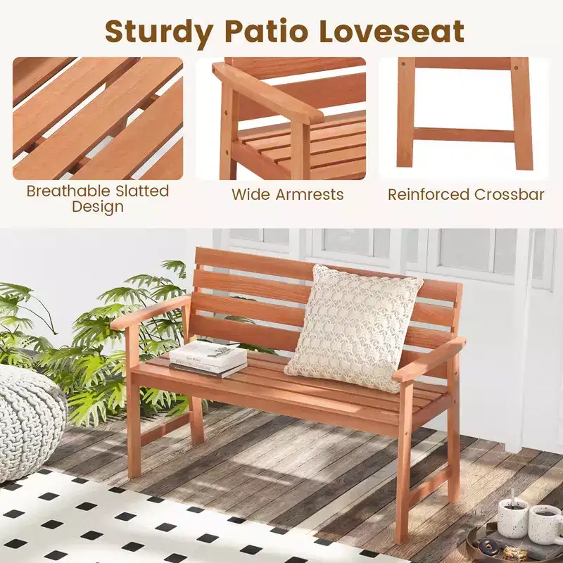 Costway Patio Solid wood Bench Wood 2-Seat Chair with Slatted Seat & Inclined Backrest