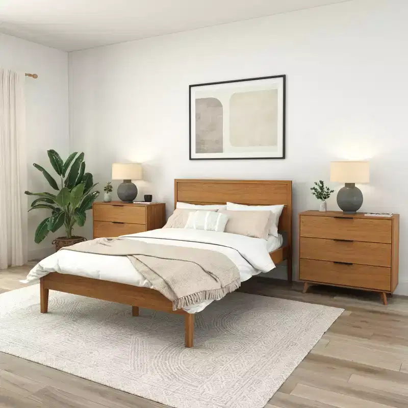 Solid Wood King Bed Frame with Panel Headboard, No Box Spring Needed