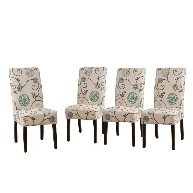 Christopher Knight Home Set of 4 Pertica Contemporary Fabric Dining Chairs Light Beige with Blue Floral: Upholstered, Rubberwood Legs, Polyester