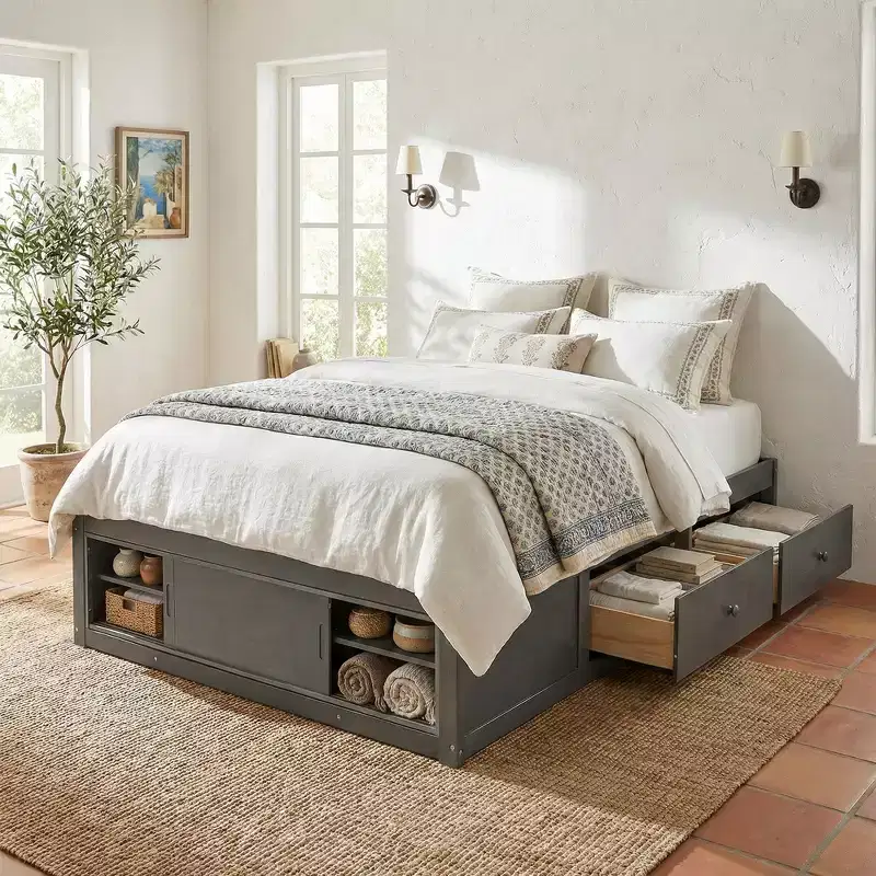 Whisen Queen Platform Bed Frame with 4 Storage Drawers and Footboard Storage