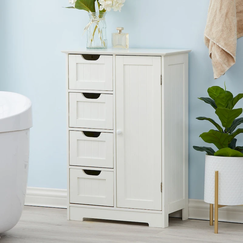White Wood 4-Drawer 1-Door Bathroom Storage Cabinet - 32.68 H x 22.05 W x 11.81 D