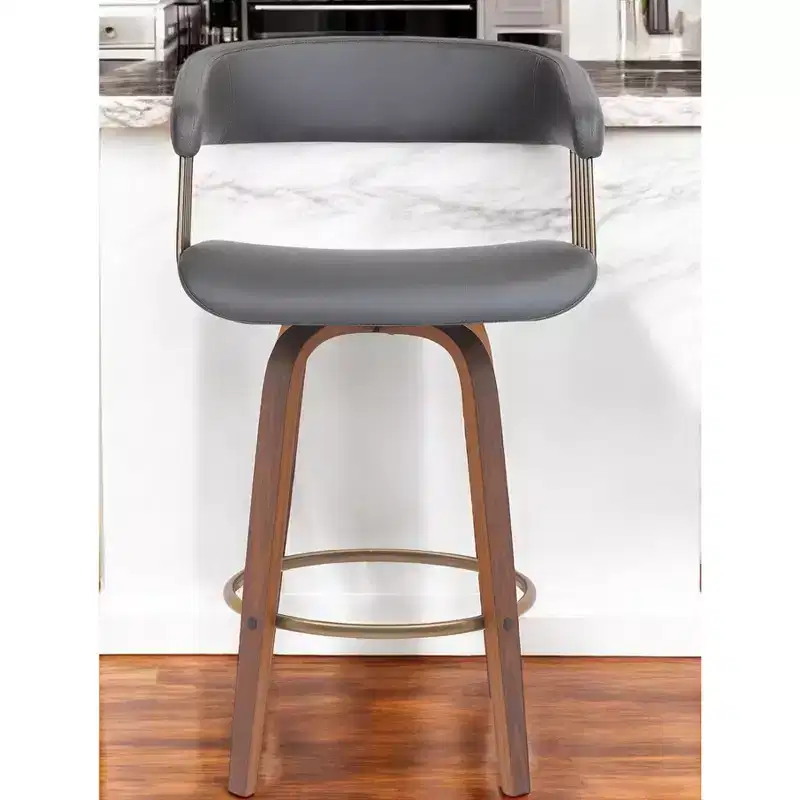 HomeRoots 26 Gray And Wood Brown Faux Leather Swivel Counter Height Bar Chair