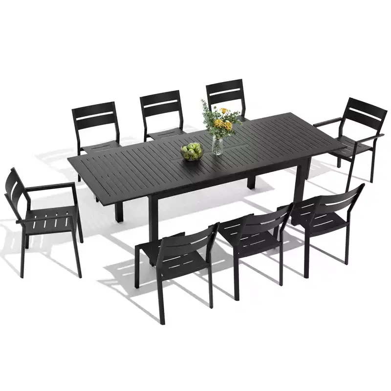 Crestlive Products 9pc Aluminum Patio Dinning Set 94.5in Table and 8 Chairs Aluminum Top Black for Outdoor Pool Lawn