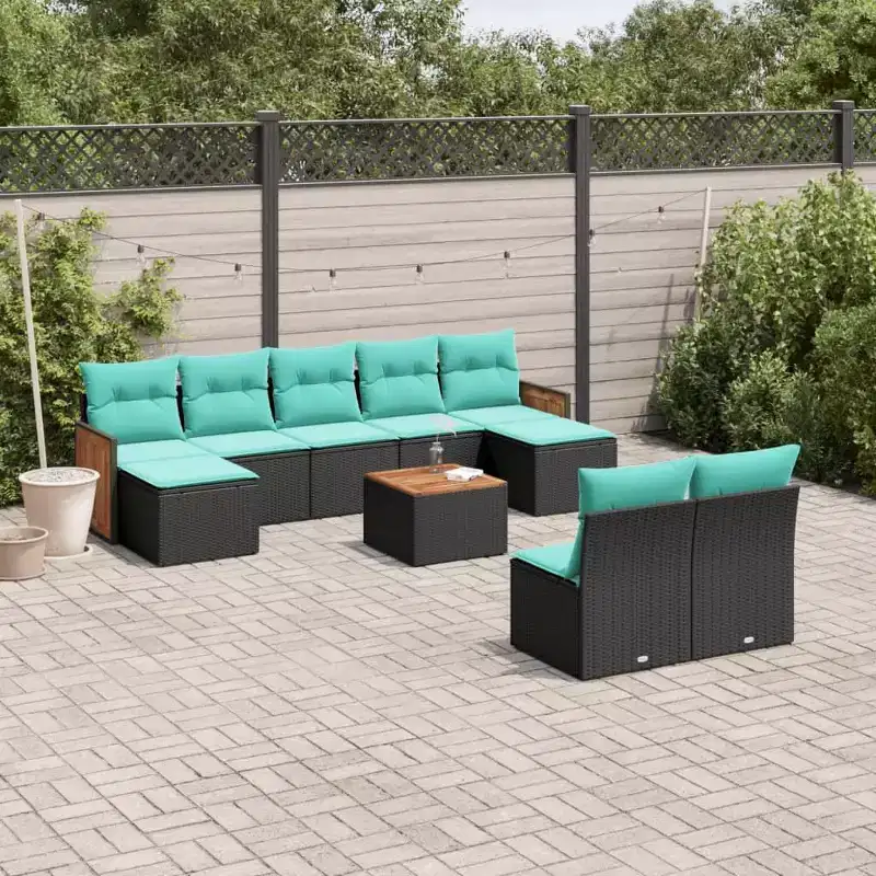 vidaXL 10 Piece Patio Sofa Set with Cushions Black Poly Rattan
