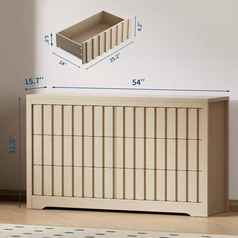 6 Drawer Dresser Wood Tall Nightstand, Striped Fluted Side Table, Mid Century Modern Chest of Drawers,