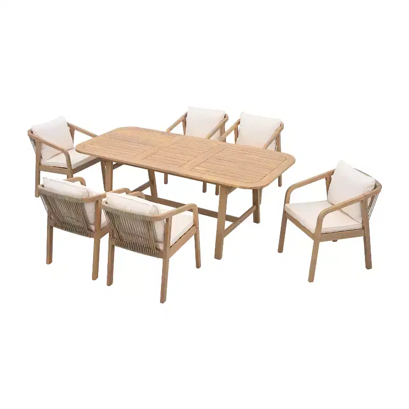 Christopher Knight Home Olcott 7 Piece Outdoor Acacia Wood Dining Set with Expandable Table and Rope Woven Armchairs