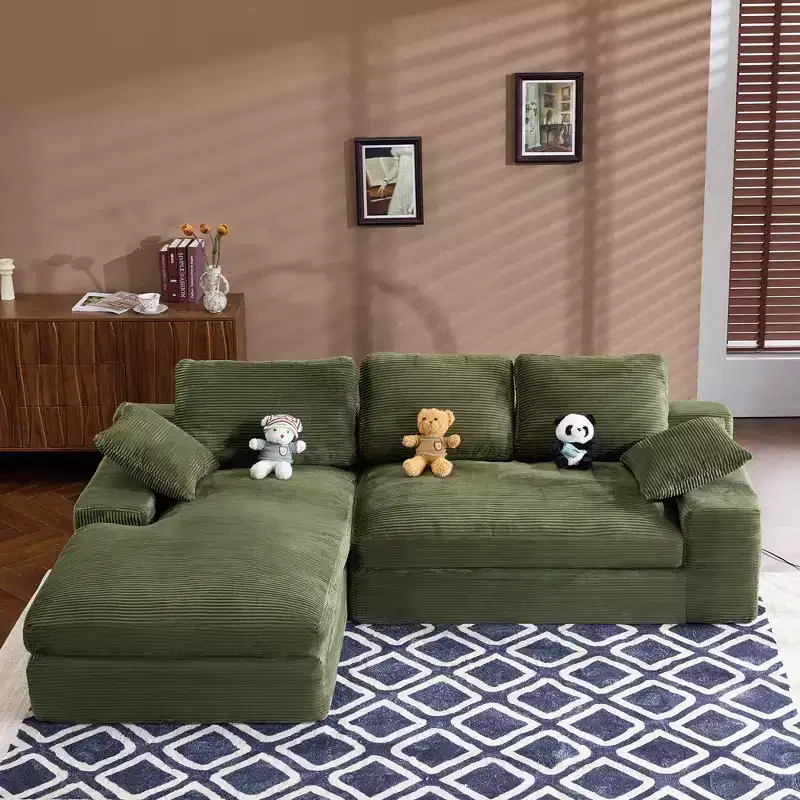 Clihome Corduroy Compressed Sofa - Soft Skin-Friendly with 3 Back Cushions & 2 Throw Pillows