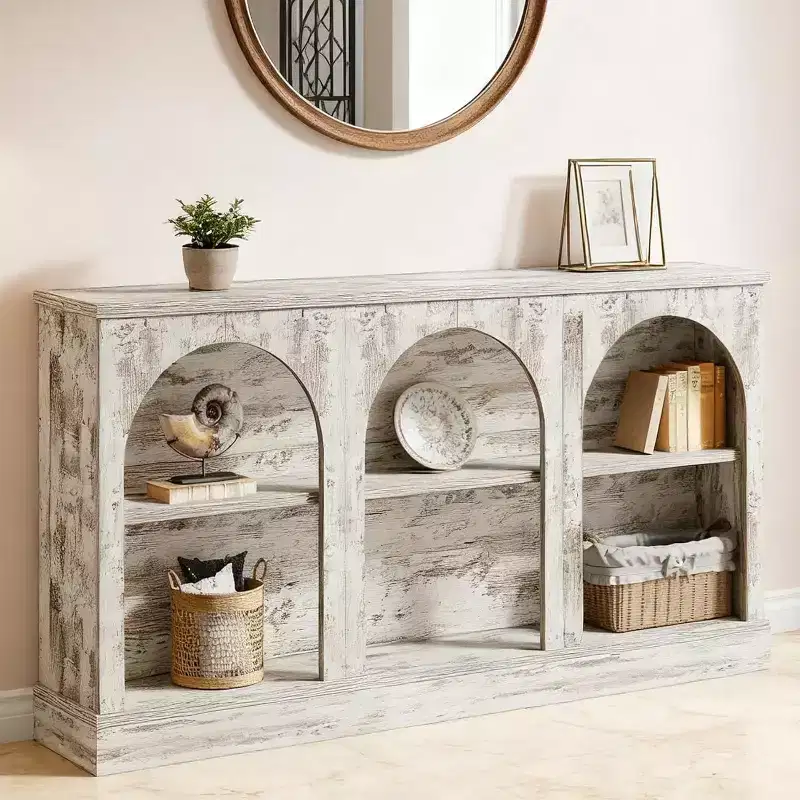 Lantine 63-Inch Narrow Entryway Table with 3-Tier Shelf, Modern Farmhouse Console Table for Hallway, Living Room, Distressed White