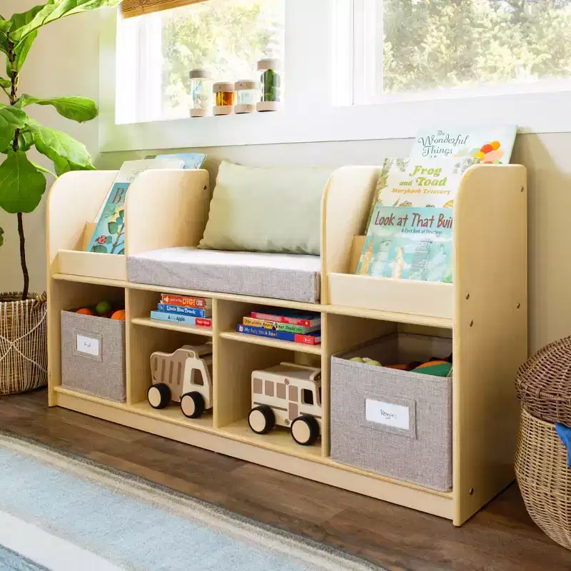 Guidecraft EdQ Reading Nook: Wooden Kids' Furniture for Book Storage with Bins and Cushioned Seat, Reading Bench Bookshelf