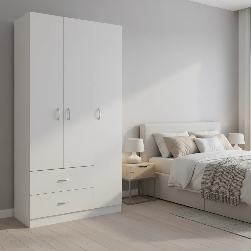 3-Door Wardrobe Armoire with 2 Drawers, 5 Shelves & Hanging Rod, Closet Storage Cabinet