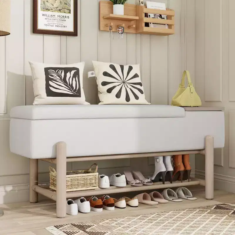 Modern Upholstered Storage Bench with Lift-Top Hidden Storage & Shoe Rack, Entryway Bench