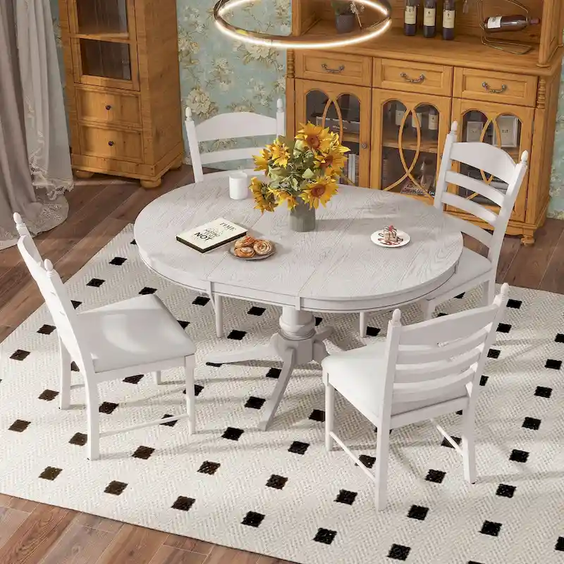 5-Piece Dining Table Set Round Extendable Dining Table and 4 Chairs