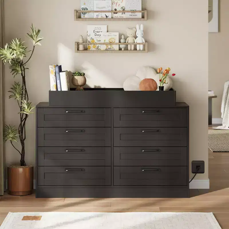 Changing Table Dresser with 8 Wood Drawers, Classic Nursery Dresser, Changing Shelves, Multi-Functional Diaper Changing Station, Dresser for Bedroom