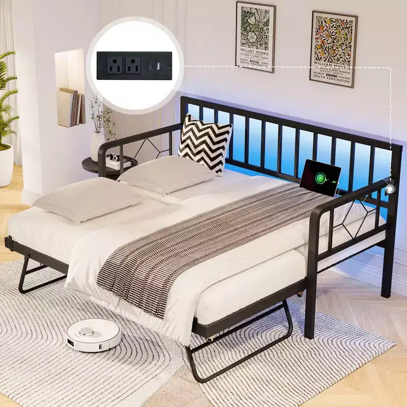AMERLIFE Twin Daybed with Charging Station and LED Lights, Daybed with Trundle for Living Room, Bedroom, Guest Room