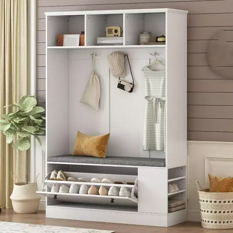 Modern Hall Tree Bench, 3 Hooks & Shoe Storage Combo, 5-in-1 Entryway Solution with Comfortable Cushion for Home Organization