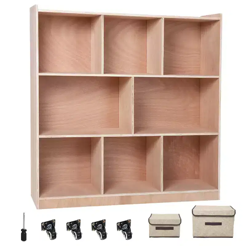 8-Cubby Mobile Entryway Storage Cabinet, 2 Storage Bins, Smooth-Rolling Casters, Wooden Organizer Locker for Home, School, Daycare