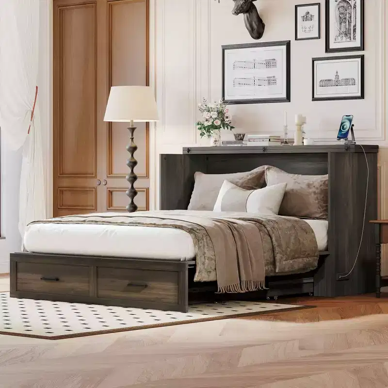 MAYEERTY Queen Size Framhouse Murphy Cabinet Bed with Charging Station Foldable Platform Storage Drawer for Bedroom Rustic Gray