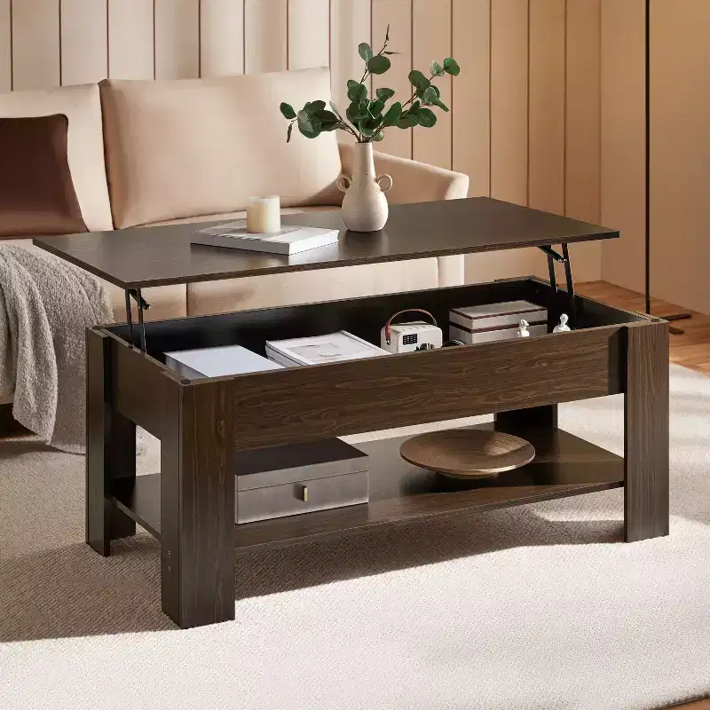 Lift Top Coffee Table with Hidden Compartment & Open Shelf For Living Room