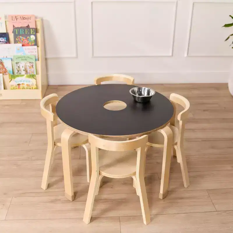 Round Bentwood Chalkboard Table and Curved Back Chair, Kids Furniture, Natural, 5-Piece