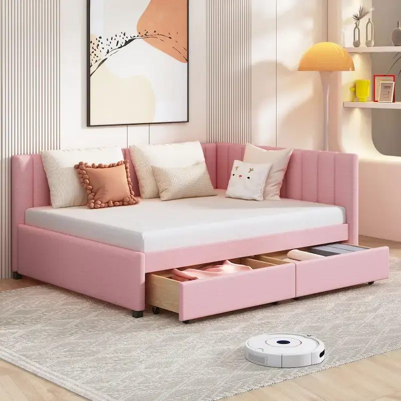 Full Size Upholstered Daybed with 2 Storage Drawers Sofa Bed Frame No Box Spring Needed