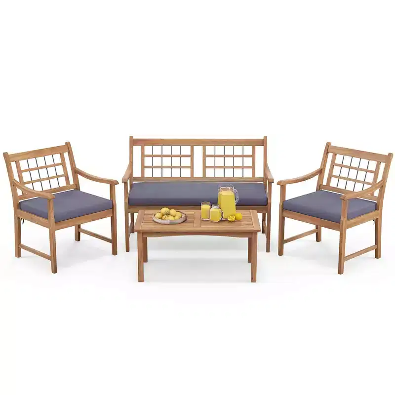 Costway 4 PCS Wood Patio Furniture Set with Soft Seat Cushions Solid Acacia Wood Frame Off White/Gray