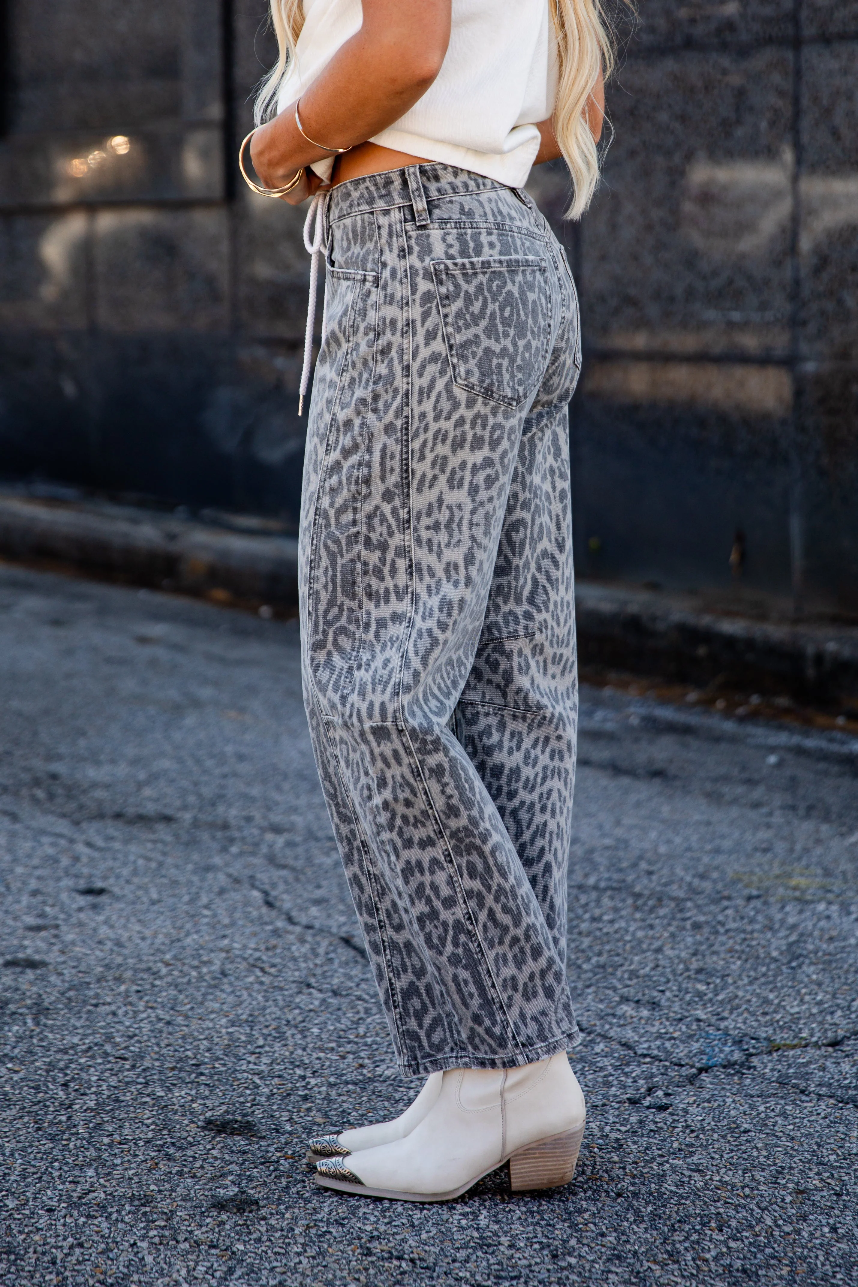 Leopard Print High Waist Barrel Leg Jeans