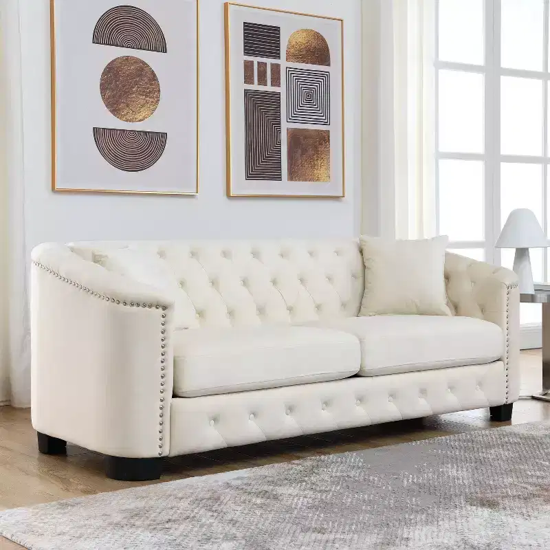 Moder Sofa, 3-Seater Sofa, Upholstered Tufted Backrests with Nailhead Arms and 2 Cushions for Living Room