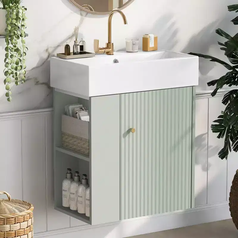 Okak 21.6 Bathroom Storage Cabinet, Bathroom Vanity with Left Side Shelves, Floor Storage Cabinet with Ceramic Sink