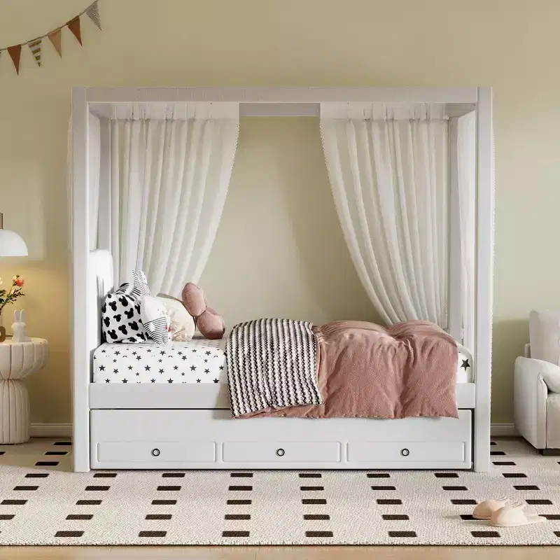 Full Size Linen Upholstery Canopy Platform Bed with Trundle and Three Storage Drawers