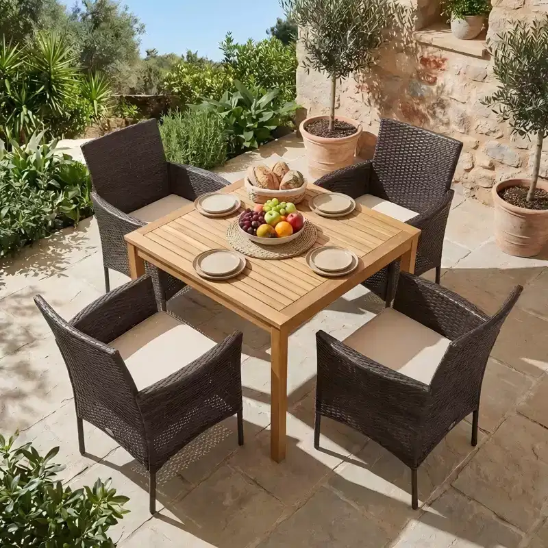 Gymax 5PCS Outdoor Patio Dining Set w/ Acacia Wood Table Cushioned Chairs 1.9 Umbrella Hole for Backyard Garden