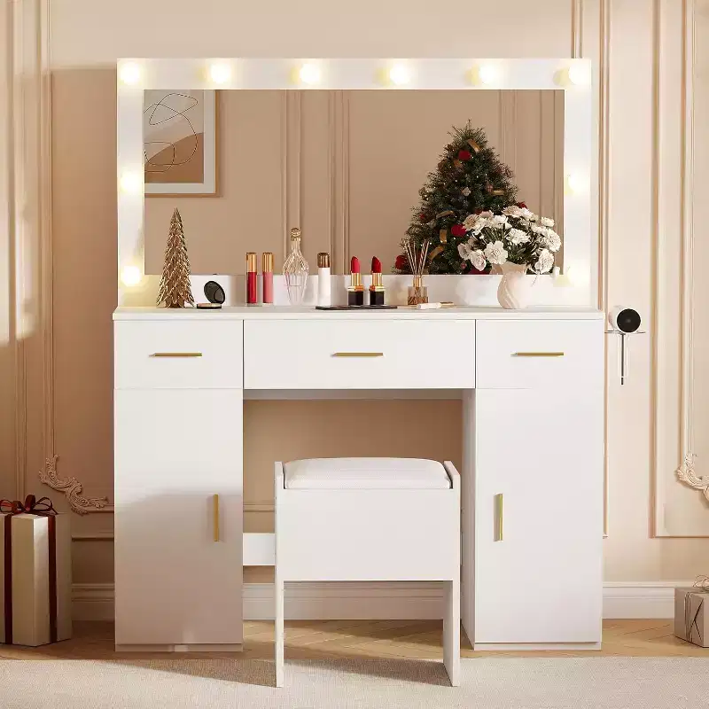 Vanity Desk with Mirror and Lights, Large Makeup Vanity Table with Power Outlet and Stool, White Vanity Dressing Table for Bedroom Dressing Room