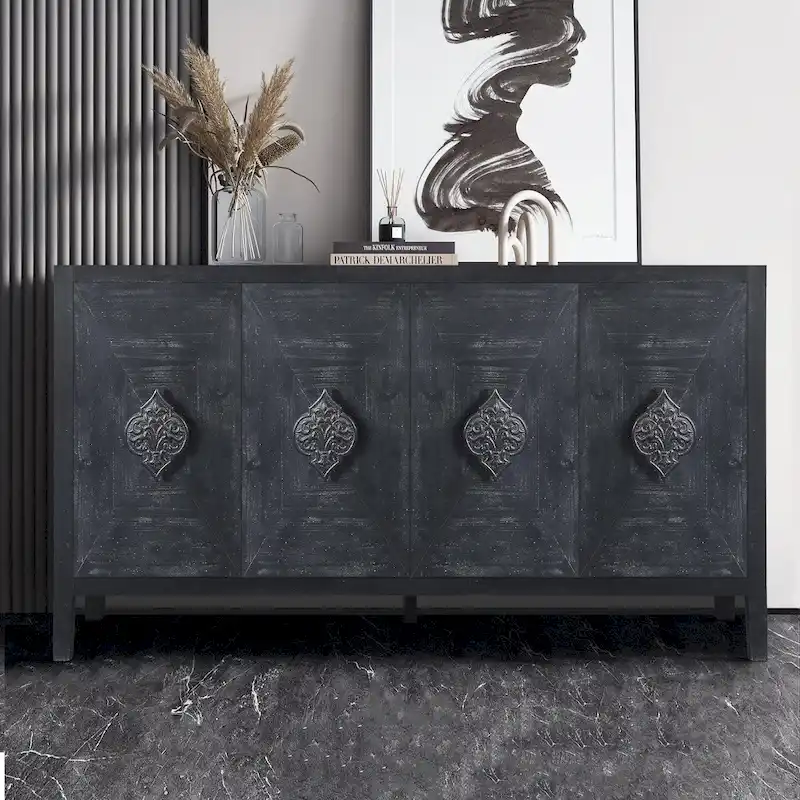 Four-Door Wooden Cabinet with Carved Handles