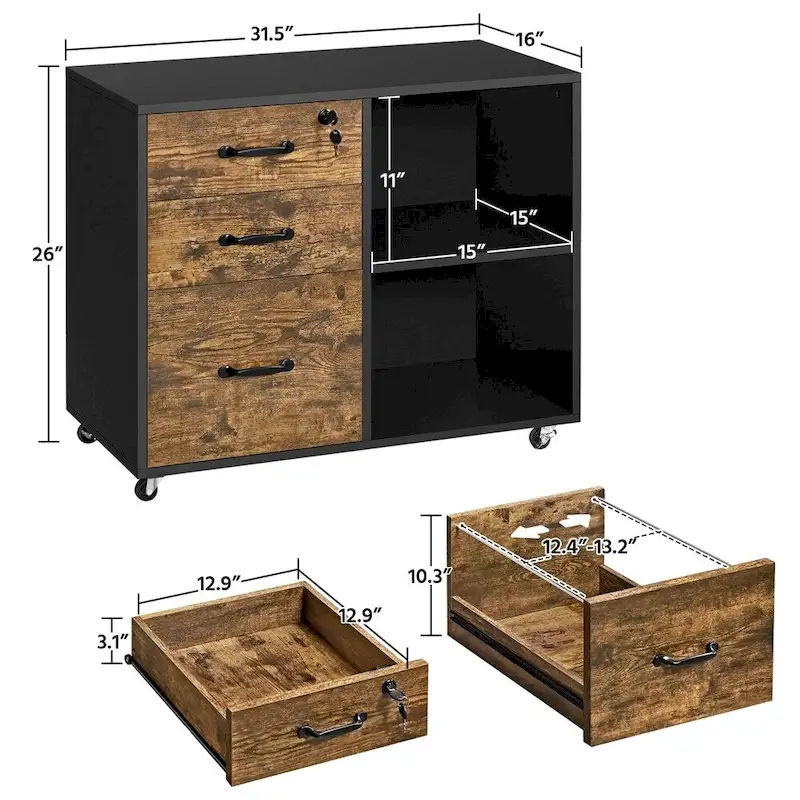 Rolling File Cabinet on with 3 Drawers and 2 Shelves