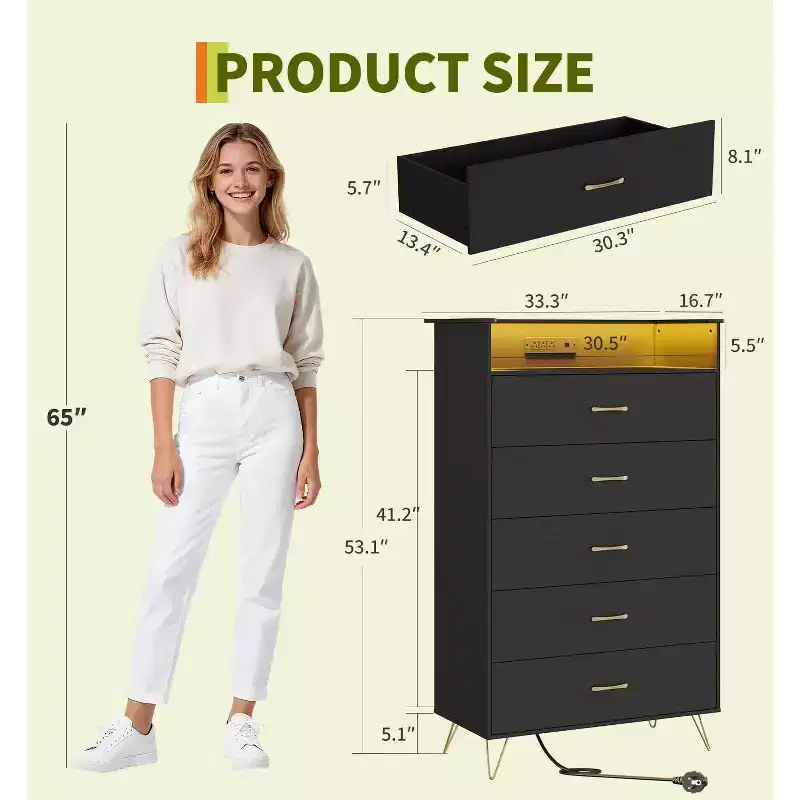 Modern 5-Drawer Tall Dresser for Bedroom, Wood Chest of Drawers with Silent Closing Slides, Water-Resistant White Storage Organizer for Hallway
