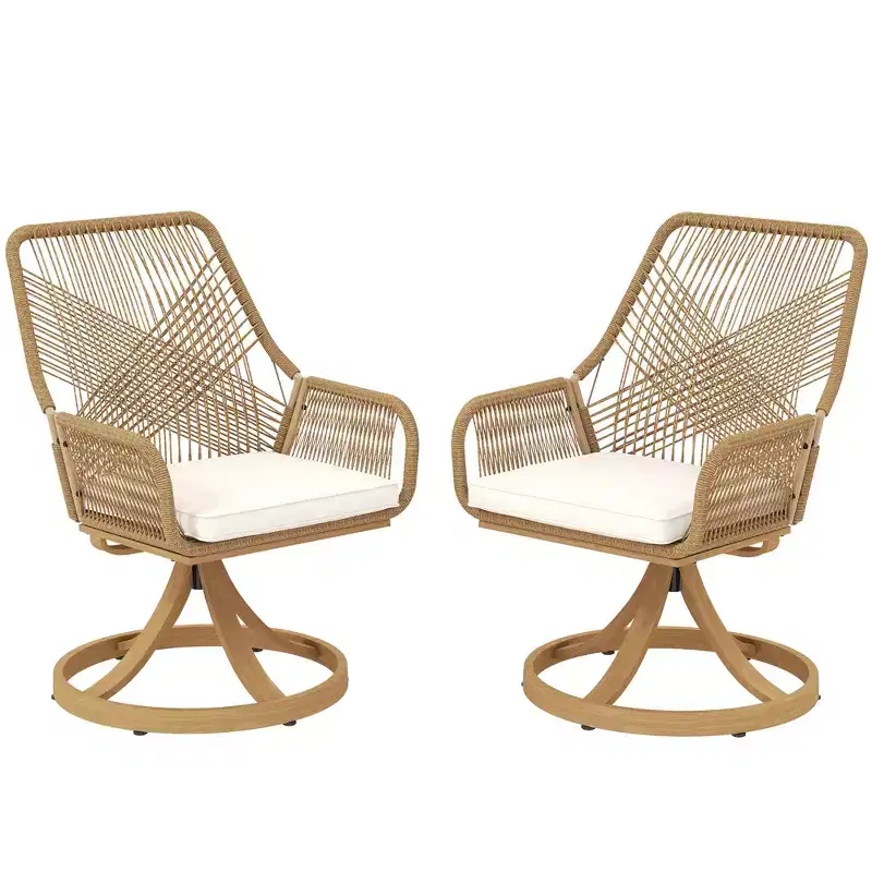 Patio Swivel Chairs Set of 2, Rattan Patio Dining Chairs with Soft Cushions for Backyard, Lawn, Porch, or Garden