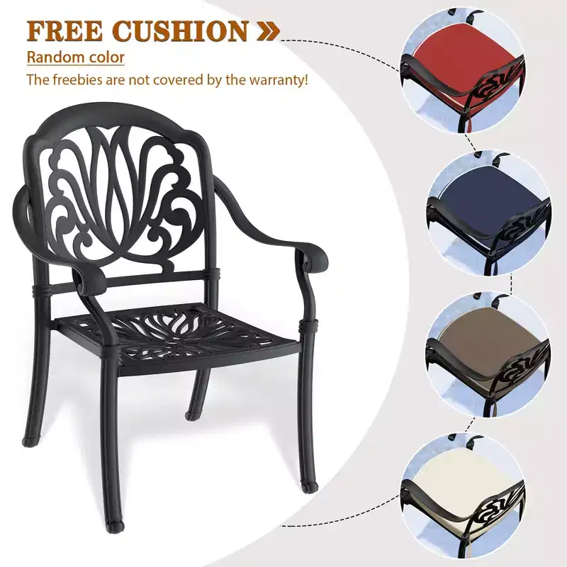 Set of 4 Cast Aluminum Patio Dining Chairs, Black Rust Resistant Frame with Water Resistant Cushions