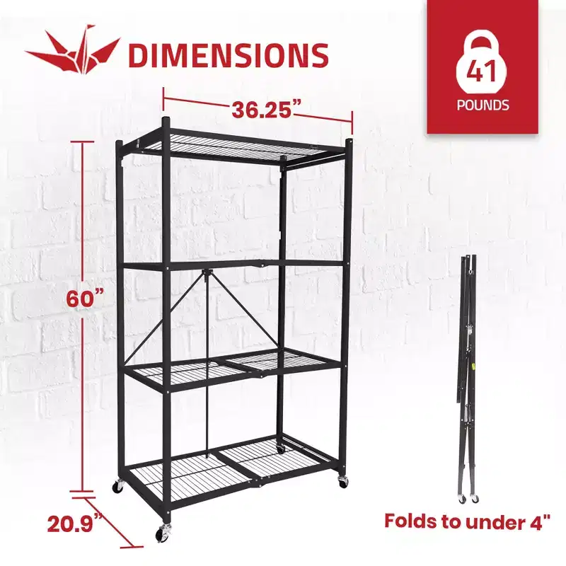 Origami R5 4 Tier Foldable Metal Storage Rack with Wheels, 1,000 Pound Capacity for Kitchen, Garage, or Garden Storage, Black, Certified Refurbished