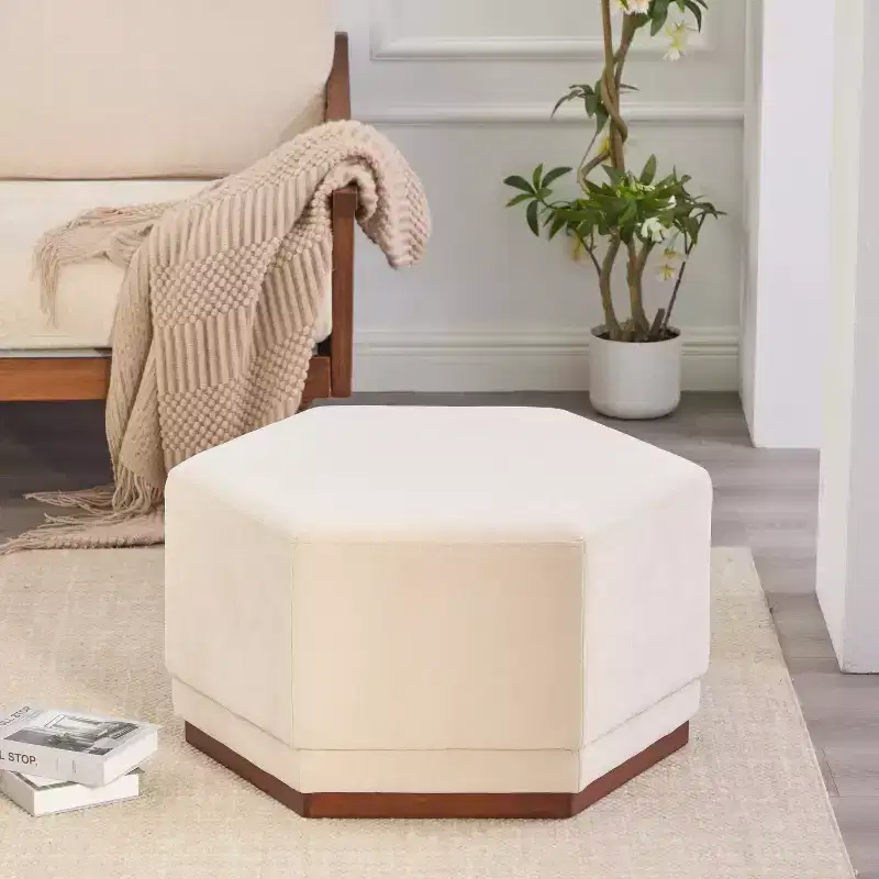 Hexagon Upholstered Ottoman - Beige/Walnut, Light Gray/Walnut - Seats 1