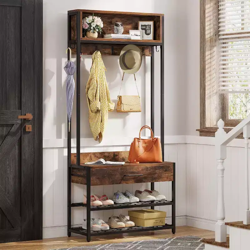Entryway Hall Tree with Drawer, Vintage Industrial Coat Rack with Shoe Bench and Hutch for Living Room, Bedroom, Brown